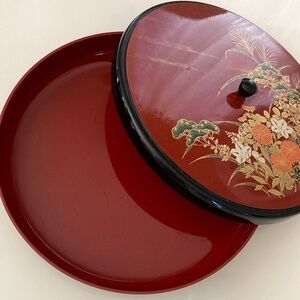 JAPAN Red and Gold spinning Japanese tray with lid Floral Design